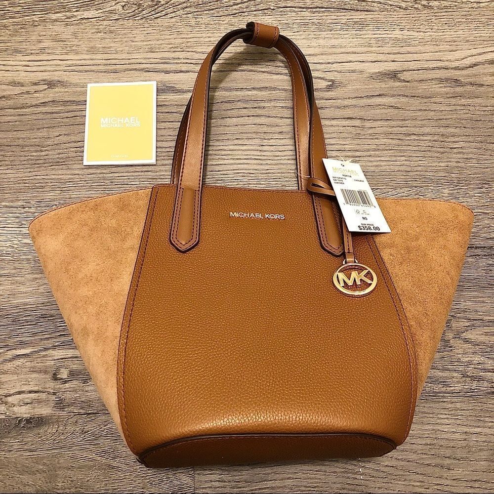 Michael Kors Portia Tote Bag Purse Leather Suede Luggage Brown $358 Brand New